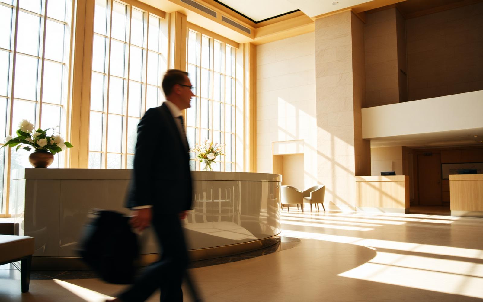 Hotel lobby scenting: a sunlit reception area with warm stone and timber finishes