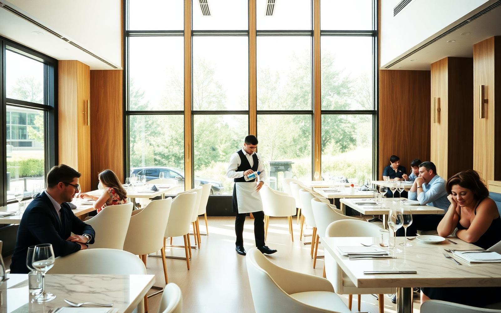 Restaurant aroma solution in a sunlit dining room as a waiter serves