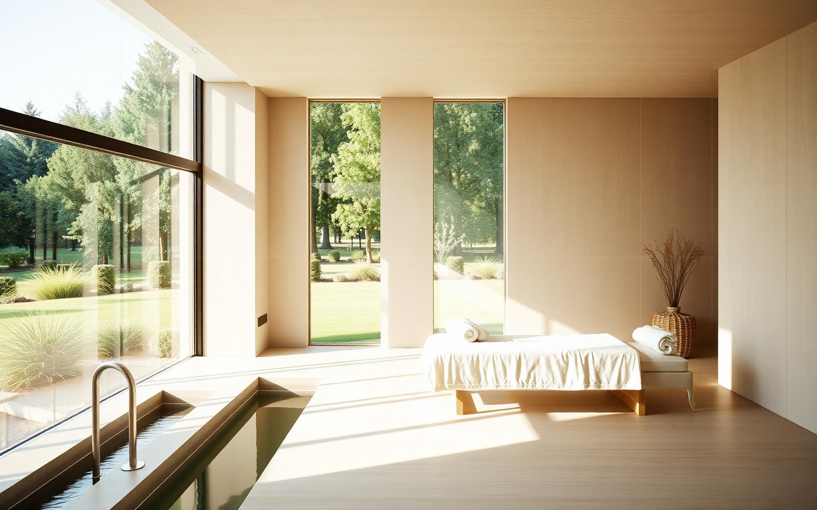 Spa scenting in a sunlit wellness room with pool and treatment bed